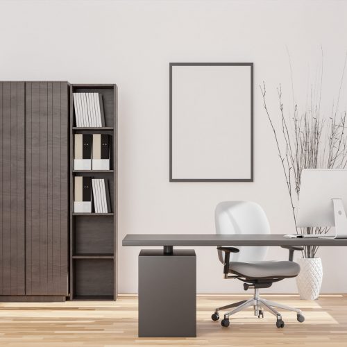 3D illustration mockup blank board with frame on the wall in working area in house, scandinavian style interior with cozy furniture and plant in natural decoration, rendering